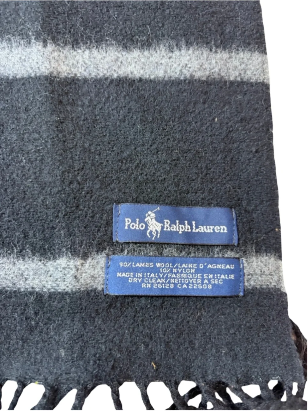Polo Ralph Lauren Black Gray Striped Lambswool Scarf Italy Preppy Fringe